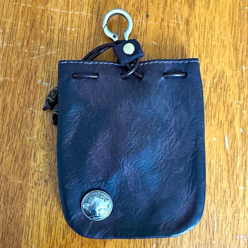 Brown Leather Drawstring Belt Pouch Buffalo Nickel Style Concho Clip On Bag New